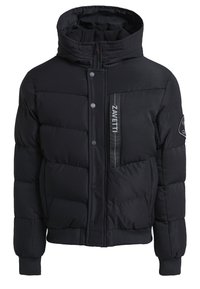 Doudoune noire avec col montant, fermeture éclair à l'avant, boutons-pression, design matelassé et logo sur la poitrine, avec des poignets et un ourlet élastiques.