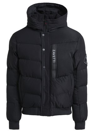 Schwarze Steppjacke mit hohem Kragen, Frontreißverschluss, Druckknöpfen, gepolstertem Design und einem Logo auf der Brust, mit elastischen Bündchen und Saum.