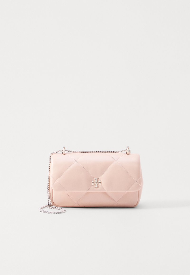 Quilted pink leather bag with silver chain strap, featuring a logo accent, rounded shape, and smooth texture. Suitable for various occasions.