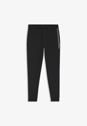 Pantaloni jogger neri a gamba affusolata con fascia elastica in vita, coulisse, banda laterale e polsini alle caviglie.