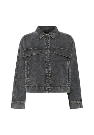Veste en denim gris foncé avec un col, fermeture à boutons sur le devant, deux poches poitrine et des coutures contrastées. Présente un design court.
