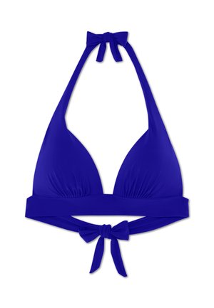Purple bikini top with triangular cups, halter neck ties, and a tied band. Made of smooth, stretchy fabric with a solid color design.