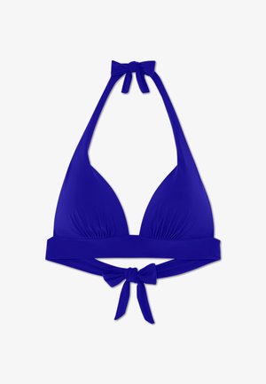 Fialový bikiny top s trojúhelníkovými košíčky, zavazováním kolem krku a uvázanou páskou. Vyrobeno z hladkého, elastického materiálu s jednobarevným designem.
