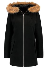 Sort hættejakke med kunstigt pelskant. Har lynlås, sidelommer og en blød tekstur, der er egnet til koldt vejr.