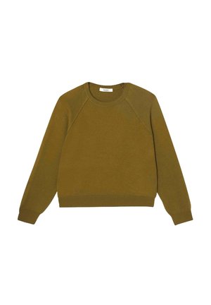 Sweatshirt vert olive en tissu doux, avec un col rond, des manches raglan et des bords-côtes aux poignets et à l'ourlet.