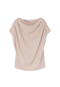 Beige draperad topp med en bred båthalsringning, korta ärmar och slät textur. Har mjukt tyg och en lös, flödande silhuett.