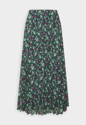 Falda plisada con estampado floral sobre un fondo verde oscuro, con flores moradas y blancas, cintura elástica y textura de tejido ligero.