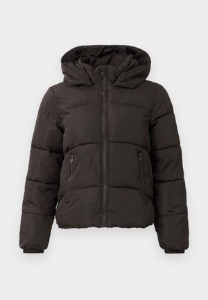 Schwarze gepolsterte Winterjacke mit Frontreißverschluss, zwei seitlichen Reißverschlusstaschen, elastischen Bündchen und einer angenähten Kapuze.