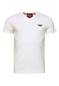 T-shirt blanc à col en V en coton. Présente un petit logo noir sur la poitrine gauche et des manches courtes. Texture douce avec un design décontracté.