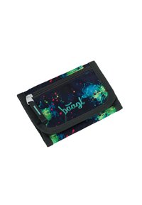 Portafoglio realizzato in tessuto nero con motivi splatter colorati in blu, verde e rosso. Presenta una tasca con zip e una patta pieghevole.