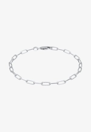 Silberner Metallarmreif mit länglichen ovalen Gliedern mit glatter Oberfläche und polierter Ausführung, gesichert mit einem Karabinerverschluss.