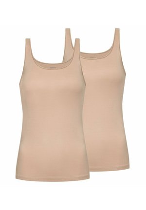 Two beige sleeveless tank tops with scoop necks, shown front view, plain design, arranged with one slightly behind the other.