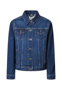 Giacca di jeans blu scuro con colletto classico, chiusura con bottoni, due tasche sul petto e dettagli con cuciture a contrasto.