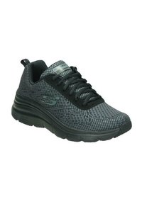 Scarpa sportiva nera e grigia con tomaia in tessuto texturizzato, punta arrotondata, suola spessa e ammortizzata, e linguetta in rete. Presenta doppi occhielli e dettaglio del logo.