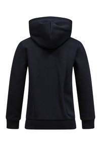 Felpa nera con cappuccio regolabile, maniche lunghe e polsini a coste. Il tessuto sembra morbido e testurizzato, progettato per un abbigliamento casual.