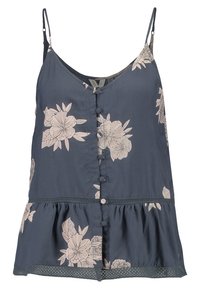 Navy floral camisole with adjustable straps, front button closure, peplum hem, and lace trim at the bottom. Fabric has a smooth texture.