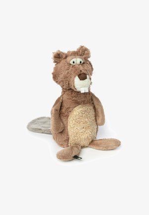 Brown plush beaver toy with a light tan, textured belly, large eyes, small white teeth, and a flat, gray tail. Soft and huggable design.
