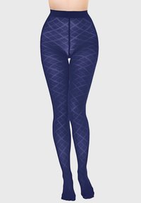 Granatowe rajstopy w wzory z motywem diamentów, wykonane z gładkiego, elastycznego materiału z wysokim stanem dla wygody.