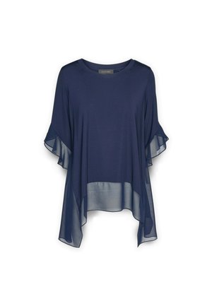 Navyblauw top met korte, doorzichtige ruches mouwen. De stof is lichtgewicht en vloeiend, met een ronde halslijn en een asymmetrische zoom.