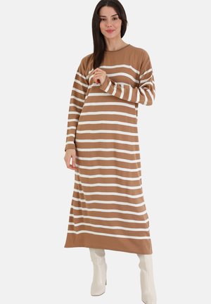 Long brown dress with white horizontal stripes, round neck, and long sleeves. Smooth fabric with a relaxed fit, reaching mid-calf.