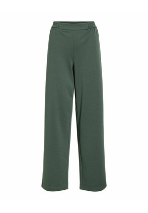 Dunkelgrüne Hosen mit weitem Bein und elastischem Bund, aus weichem Stoff, vor weißem Hintergrund dargestellt.