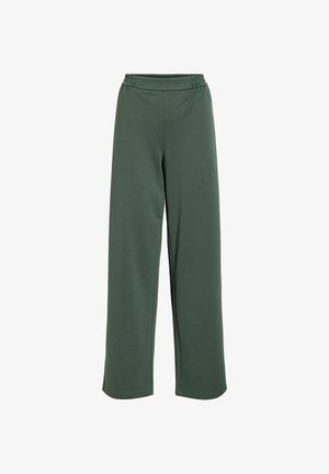 Tmavě zelené kalhoty s širokými nohavicemi a elastickým pasem, vyrobené z měkké látky, zobrazené na jednoduchém bílém pozadí.