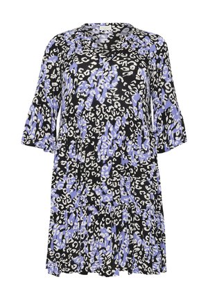 Kratka črna obleka s purpurnim in belim leopardjim vzorcem, z V-izrezom in obliko slojevite krila. Narejena iz lahkega materiala.