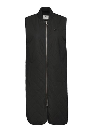 Gilet matelassé noir avec col haut, fermeture éclair à l'avant et poches latérales. Présente un design minimaliste et un logo discret.
