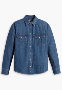Denim shirt in dark blue with a collar, button closure, two front pockets, and buttoned cuffs; features a classic, straight-cut design.