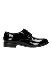 Black polished leather lace-up shoes with a rounded toe, smooth surface, low heel, and a subtle logo on the outer side.