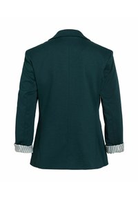 Tmavě zelená blazer s přiléhavým střihem. Obsahuje klopový límec a pruhované detaily na manžetách. Hladká textilie a čisté linie.