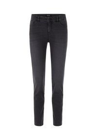 Schwarze Denim-Jeans mit schmaler Passform, fünf Taschen, vorderer Knopfleiste und Gürtelschlaufen. Der Stoff zeigt einen leichten Glanz und eine glatte Textur.