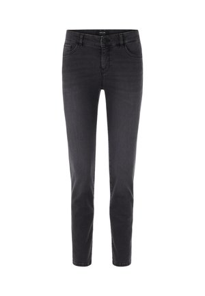 Black denim jeans with a slim fit, five pockets, front button closure, and belt loops. The fabric shows a slight sheen and smooth texture.