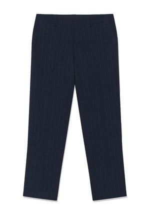 Usklađene mornarsko plave hlače s diskretnim uspravnim pin prugama, ravnim krojem nogavica i pojasom s bočnim džepovima.