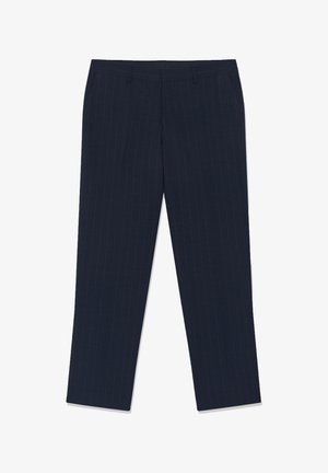 Pantalones ajustados azul marino con sutiles rayas verticales, corte de pierna recta y cinturilla con bolsillos laterales.