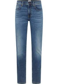 Jasnoniebieskie dżinsy z denimu o prostym kroju, z pięcioma kieszeniami i delikatnym efektem blaknięcia. Wykończone metalowym guzikiem i zamkiem błyskawicznym.