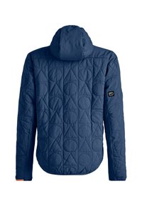 Dunkelblau gesteppte Jacke mit Kapuze, die kreisförmige und dreieckige Muster aufweist. Enthält einen orangefarbenen Akzent am Ärmel.