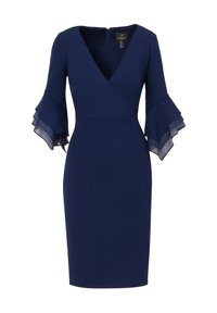 Robe portefeuille bleu marine en tissu doux, dotée de manches en tulle à volants et d'une silhouette ajustée, avec une fermeture éclair au dos.