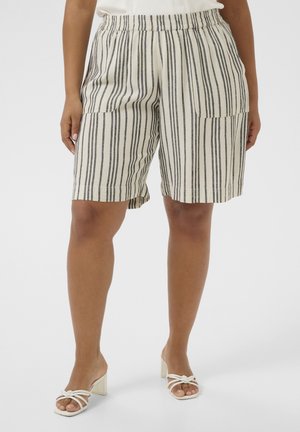Beige und marineblaue gestreifte Shorts mit einem elastischen Bund, ausgestattet mit zwei Seitentaschen und einem lockeren Schnitt, aus leichtem Stoff gefertigt.
