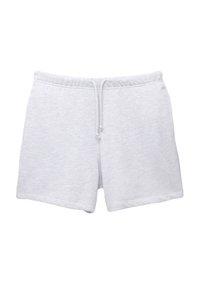 Pantaloni corti in cotone grigi con vita elastica e cordoncino regolabile, caratterizzati da una texture morbida e una vestibilità rilassata.