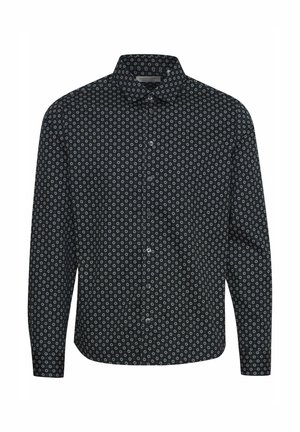 Zwarte blouse met lange mouwen en een klein, veelkleurig rond bloemenpatroon, met knopen aan de voorkant en een klassieke kraag; gemaakt van lichtgewicht stof.