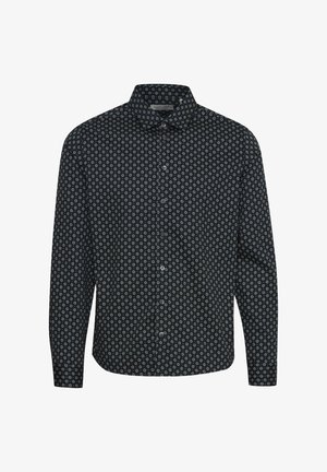 Fekete, hosszú ujjú ing, apró, színes, kör alakú virágmintával, elöl gombokkal és klasszikus gallérral; könnyű anyagból készült.