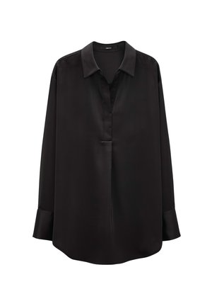 Schwarzes Langarmshirt aus glattem, glänzendem Stoff. Mit einem Einschlagkragen, einer Knopfleiste und leicht ausgestelltem Ärmeln.