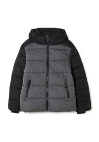 Chaqueta de plumas con capucha, hecha de tejido en tonos negro y gris. Presenta secciones acolchadas, bolsillos con cremallera y una cremallera frontal.