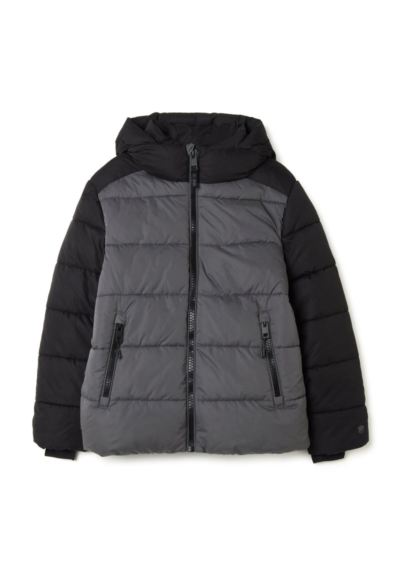 Chaqueta de plumas con capucha, hecha de tejido en tonos negro y gris. Presenta secciones acolchadas, bolsillos con cremallera y una cremallera frontal.