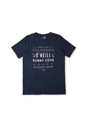 Marineblaue T-Shirt mit kurzen Ärmeln und weißem Text: "California O'Neill Sunny Cove Beach Santa Cruz 1952" sowie kleinem Wellenlogo.
