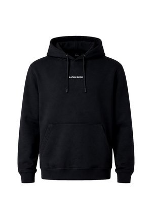 Fekete kapucnis pulóver elülső erszényzsebbel és a "BJÖRN BORG" logóval, amely a zsinóros kapucni alatt középen helyezkedik el, egyszerű fehér háttéren.