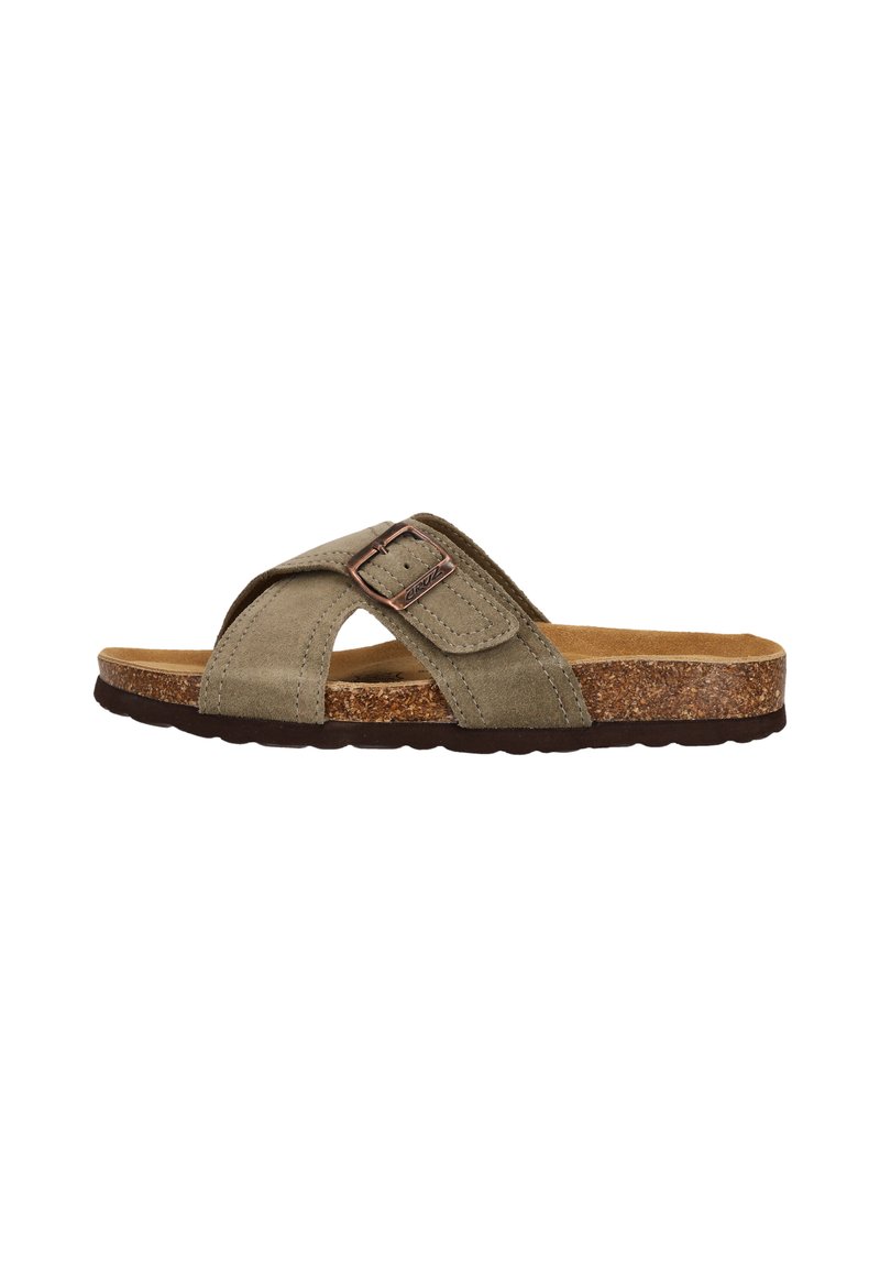 Sandal en daim vert à glissière avec des brides croisées et une boucle en métal. Semelle intérieure en liège et semelle en caoutchouc texturée pour une meilleure adhérence.