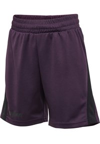 Lila Sportshorts mit schwarzen Seitenteilen und elastischem Bund, aus atmungsaktivem Mesh-Gewebe gefertigt.