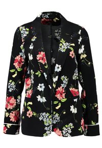 Svart blommig kavaj med färgglada blommönster i röd, vit och blå, med notched krage och två framfickor.